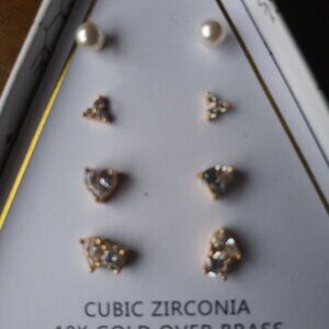 Lot of 4 18K Gold Plated and Cubic Zirconia Stud Earrings